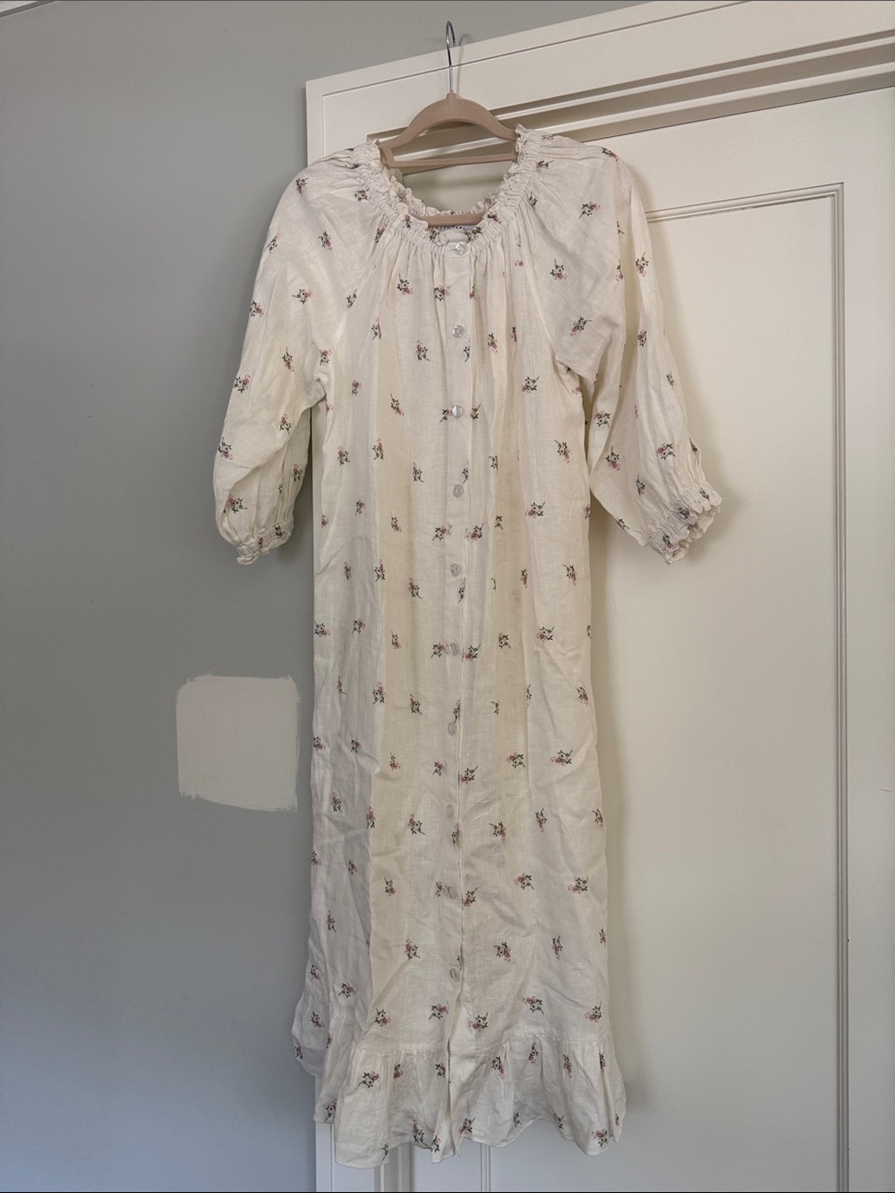 Sleeper Cream Maxi Dress with Tiny Pink Floral Print